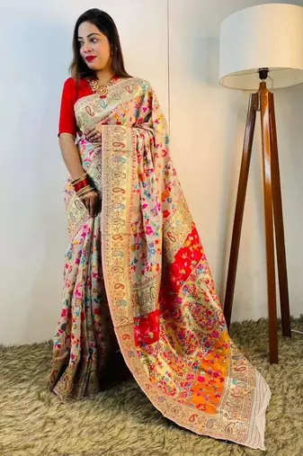 Cream ethnic motifs woven design zari pashmina banarasi saree