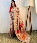 Cream ethnic motifs woven design zari pashmina banarasi saree