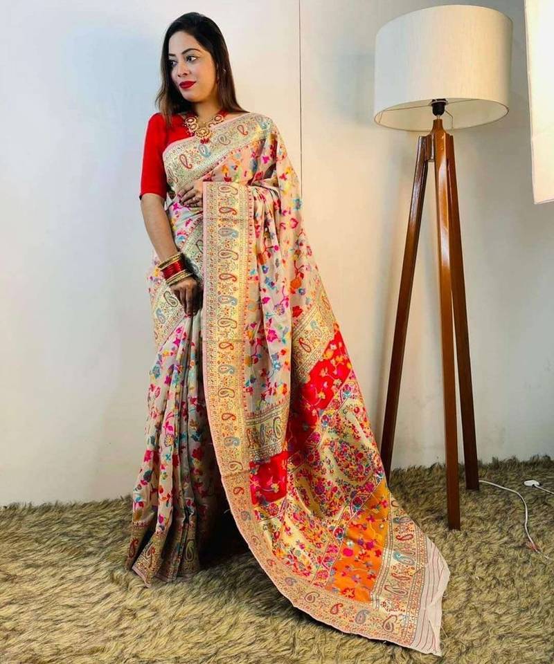 Cream ethnic motifs woven design zari pashmina banarasi saree