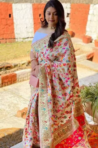 Cream ethnic motifs woven design zari pashmina banarasi saree