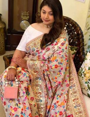 Cream ethnic motifs woven design zari pashmina banarasi saree 4