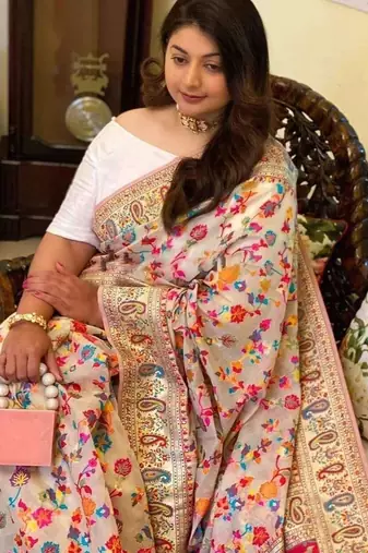 Cream ethnic motifs woven design zari pashmina banarasi saree