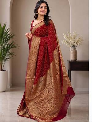 Maroon bandhani zari pure silk fusion bandhani saree 1