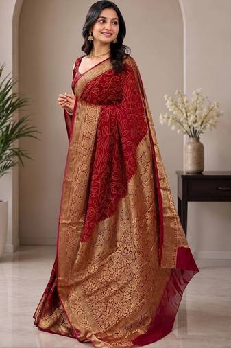 Maroon bandhani zari pure silk fusion bandhani saree