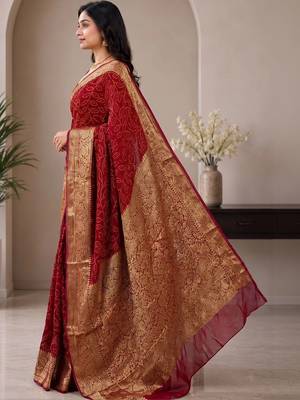 Maroon bandhani zari pure silk fusion bandhani saree 2