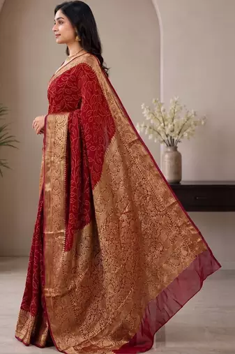 Maroon bandhani zari pure silk fusion bandhani saree