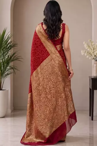 Maroon bandhani zari pure silk fusion bandhani saree
