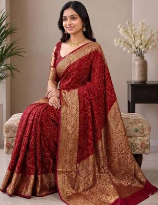 Maroon bandhani zari pure silk fusion bandhani saree 4