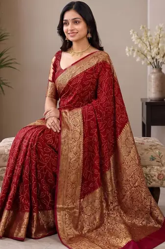 Maroon bandhani zari pure silk fusion bandhani saree