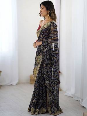 Navy blue bandhani printed embroidered saree with unstitched blouse piece 1