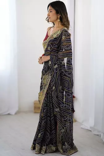 Navy blue bandhani printed embroidered saree with unstitched blouse piece