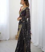 Navy blue bandhani printed embroidered saree with unstitched blouse piece