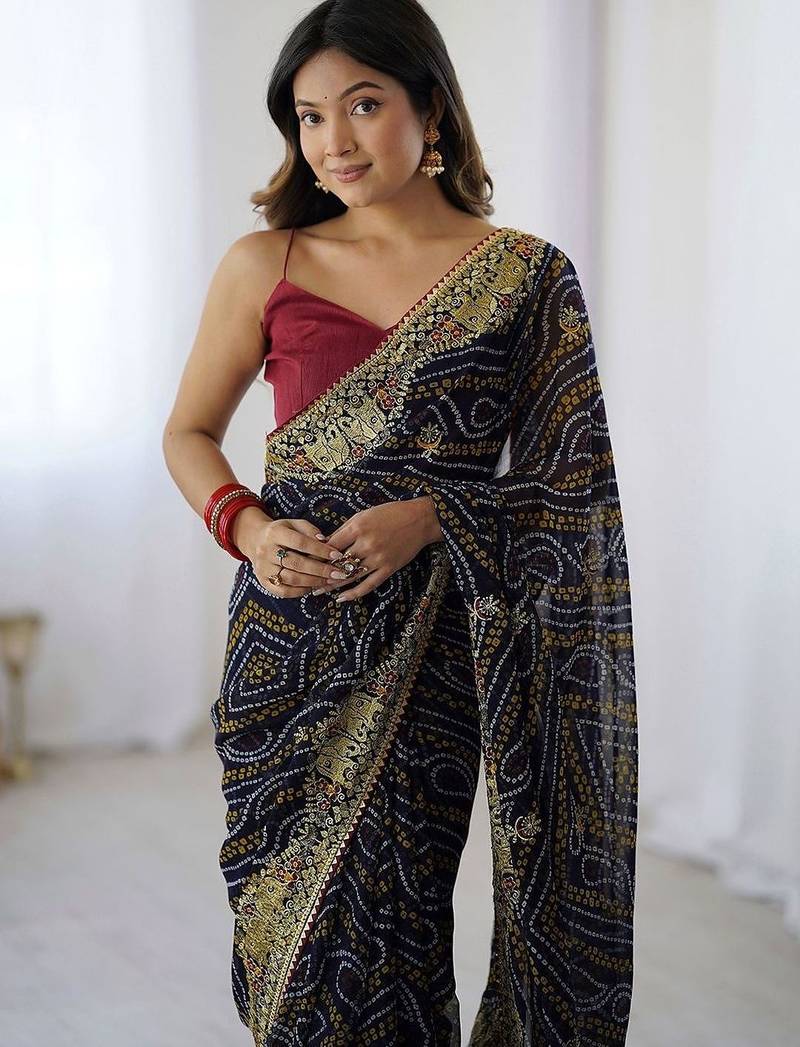 Navy blue bandhani printed embroidered saree with unstitched blouse piece
