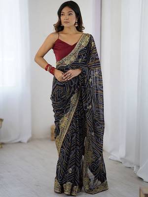 Navy blue bandhani printed embroidered saree with unstitched blouse piece 3