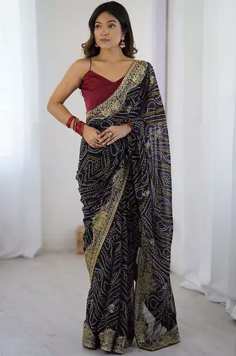 Navy blue bandhani printed embroidered saree with unstitched blouse piece