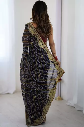Navy blue bandhani printed embroidered saree with unstitched blouse piece