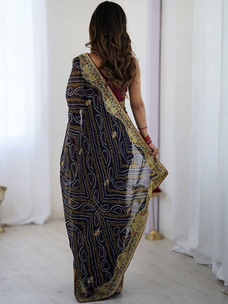 Navy blue bandhani printed embroidered saree with unstitched blouse piece
