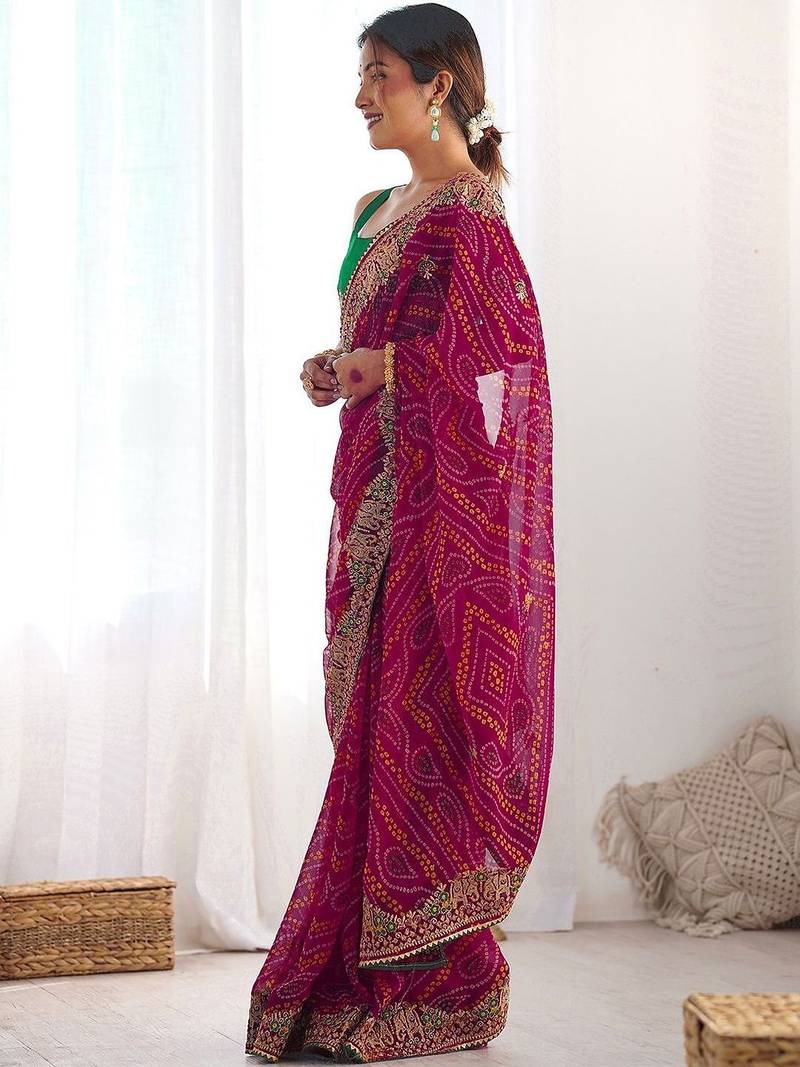 Maroon bandhani embroidered pure georgette saree with blouse