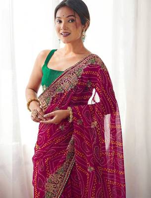 Maroon bandhani embroidered pure georgette saree with blouse 2