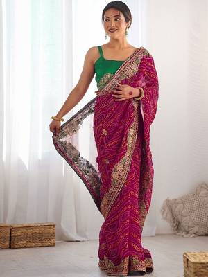 Maroon bandhani embroidered pure georgette saree with blouse 3