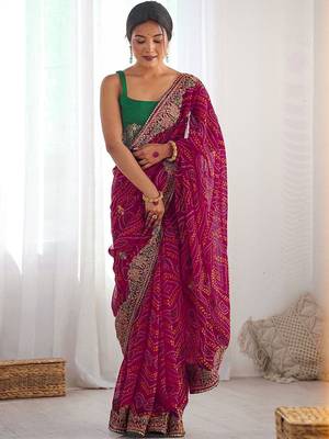 Maroon bandhani embroidered pure georgette saree with blouse 4