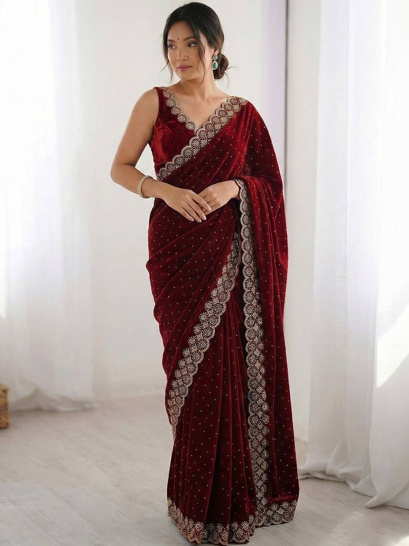 Maroon embellished embroidered silk blend heavy work saree