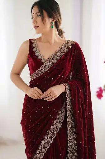 Maroon embellished embroidered silk blend heavy work saree