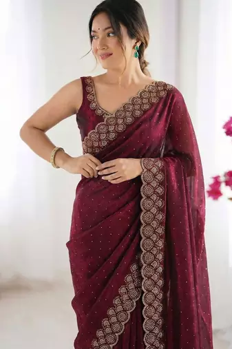 Maroon embellished embroidered silk blend heavy work saree