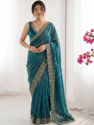 Teal embellished embroidered silk blend designer saree 1