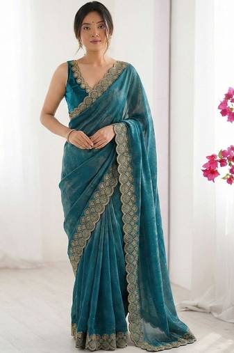 Teal embellished embroidered silk blend designer saree