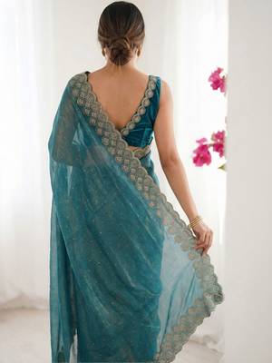 Teal embellished embroidered silk blend designer saree 2