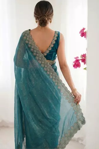 Teal embellished embroidered silk blend designer saree