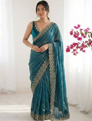 Teal embellished embroidered silk blend designer saree 4