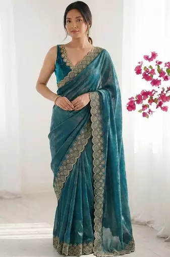 Teal embellished embroidered silk blend designer saree