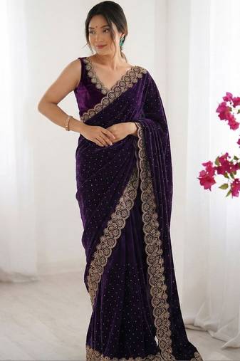 Purple embellished sequinned silk blend heavy work saree