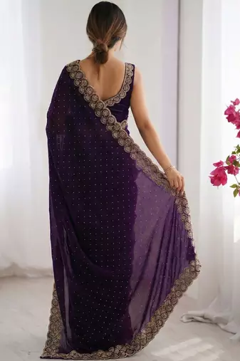 Purple embellished sequinned silk blend heavy work saree