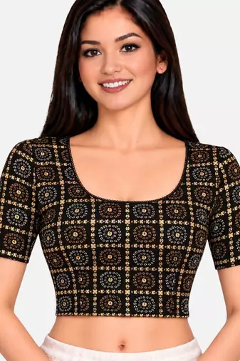 Black cotton spandex bandani printed stretchable readymade saree blouse