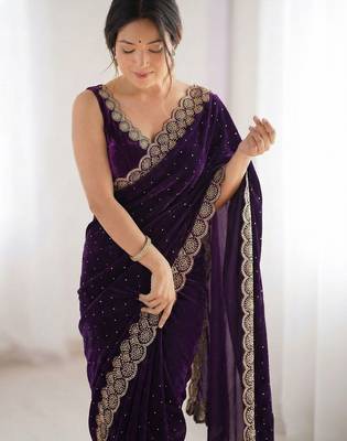 Purple embellished sequinned silk blend heavy work saree 3