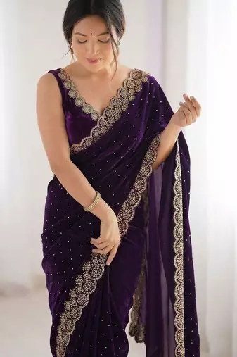 Purple embellished sequinned silk blend heavy work saree