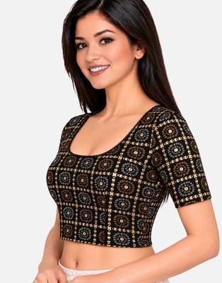 Black cotton spandex bandani printed stretchable readymade saree blouse 3