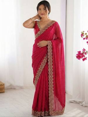 Red embellished beads and stones silk blend heavy work saree 1