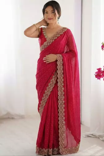 Red embellished beads and stones silk blend heavy work saree