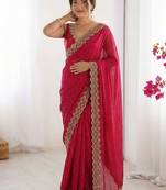 Red embellished beads and stones silk blend heavy work saree