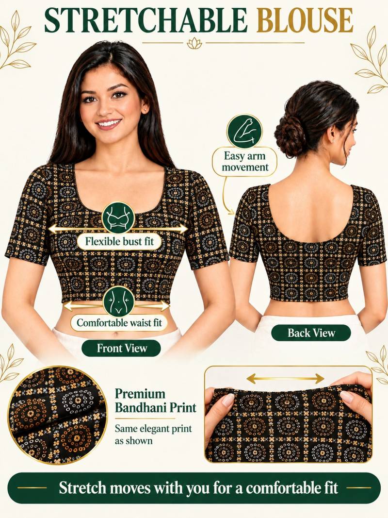 Black cotton spandex bandani printed stretchable readymade saree blouse