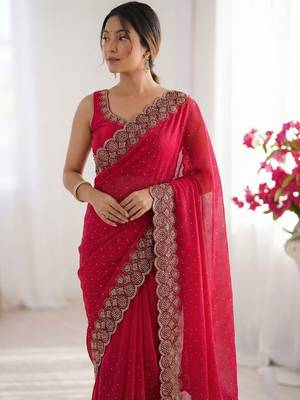 Red embellished beads and stones silk blend heavy work saree 2