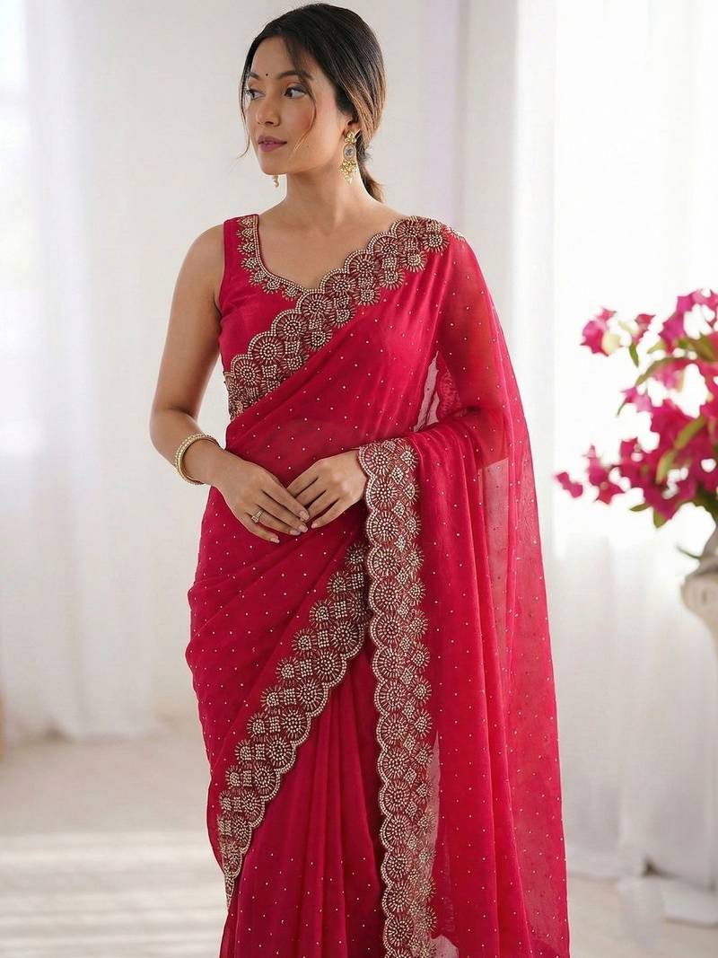 Red embellished beads and stones silk blend heavy work saree