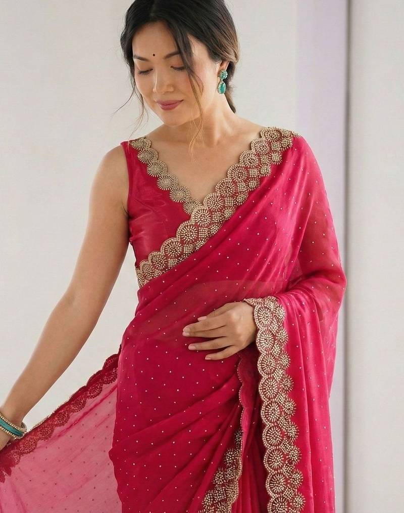 Red embellished beads and stones silk blend heavy work saree