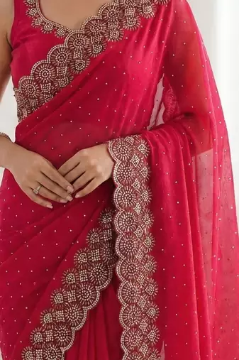 Red embellished beads and stones silk blend heavy work saree