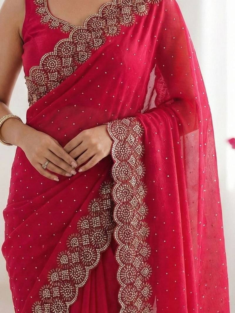 Red embellished beads and stones silk blend heavy work saree