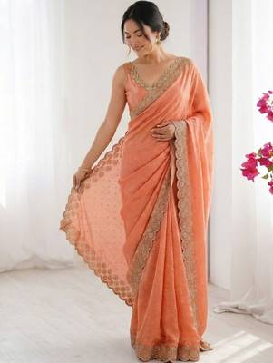 Peach embellished zari silk blend heavy work saree 1